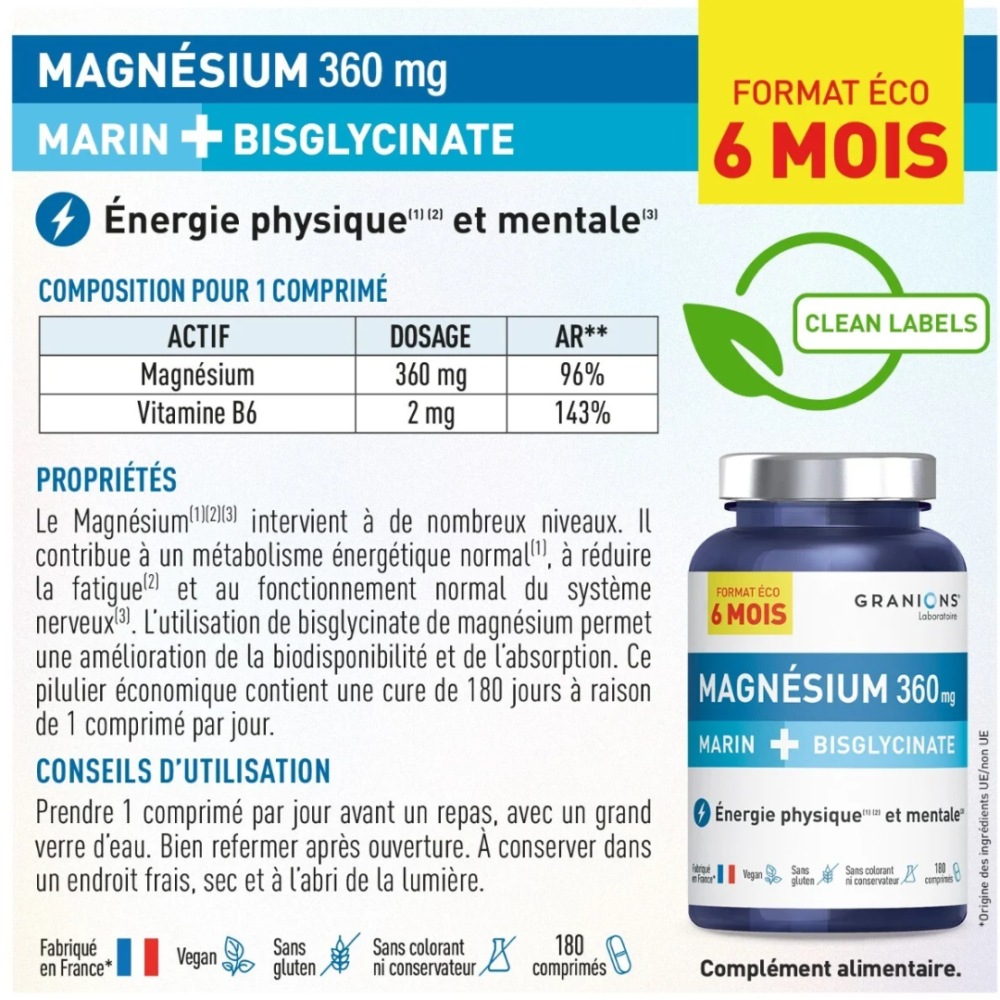 GranionsMagnésium Marin + Bisglycinate Format éco 6 mois (2)